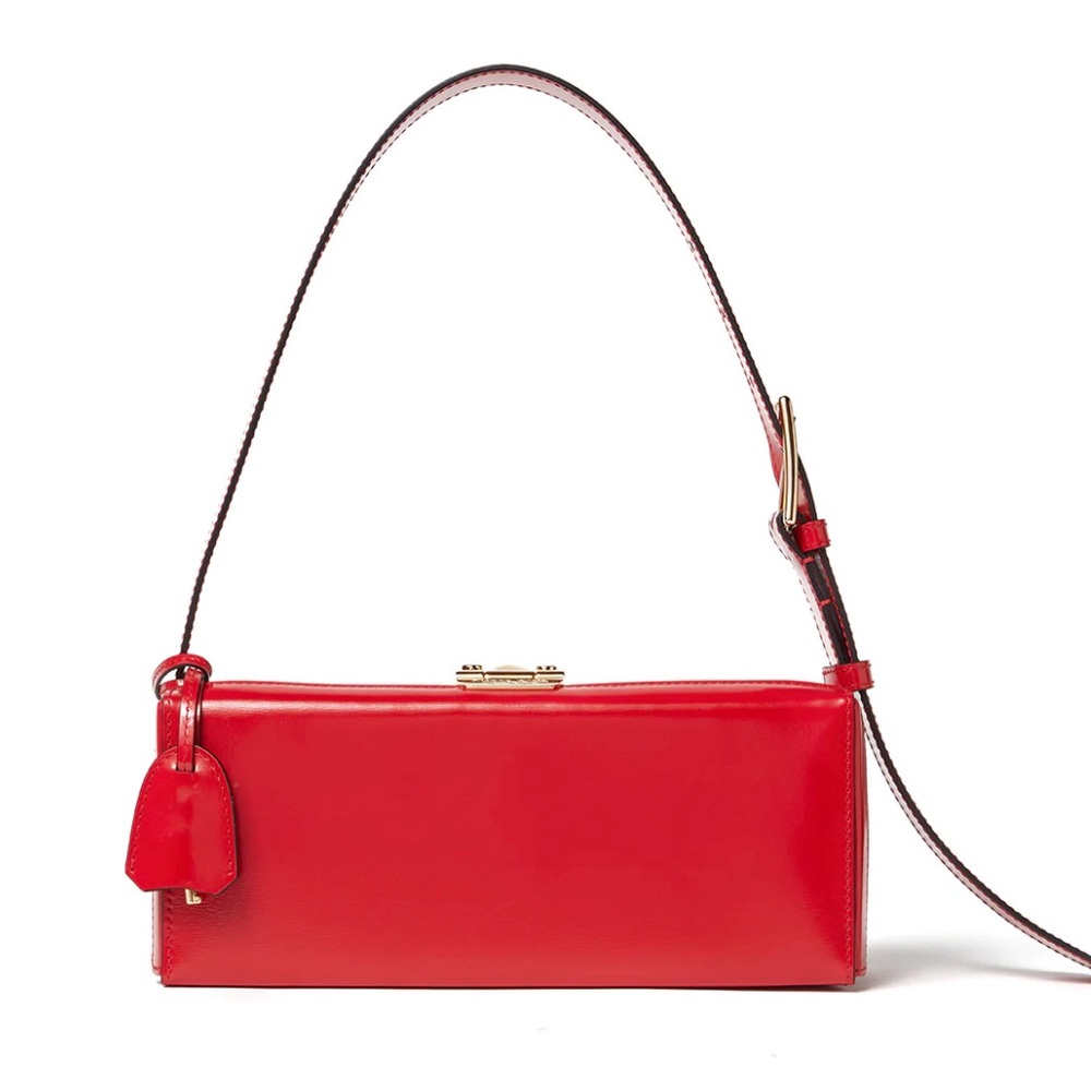 New in Box Mark Cross Grace Lungo Bag, Tumbled Grain Leather, Red, Gold Hardware